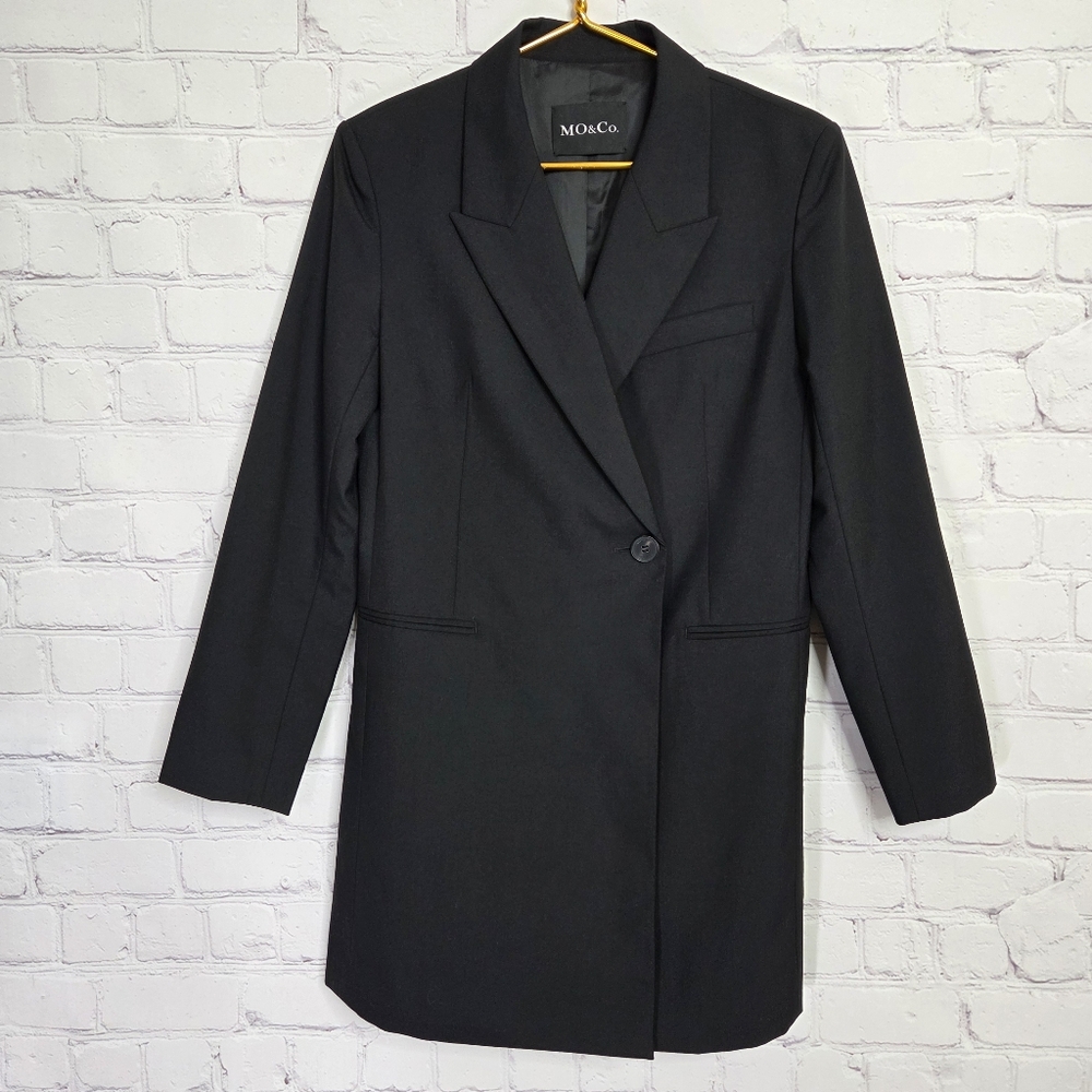 Mo & Co Wool Blend Long Blazer Single Button Black Suit Jacket